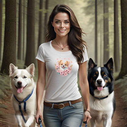 a cute puppy corgi dog with flowers around its neck on a white crew neck t-shirt, a detailed drawing, furry art, made of flowers, digital illustration, detailed painting