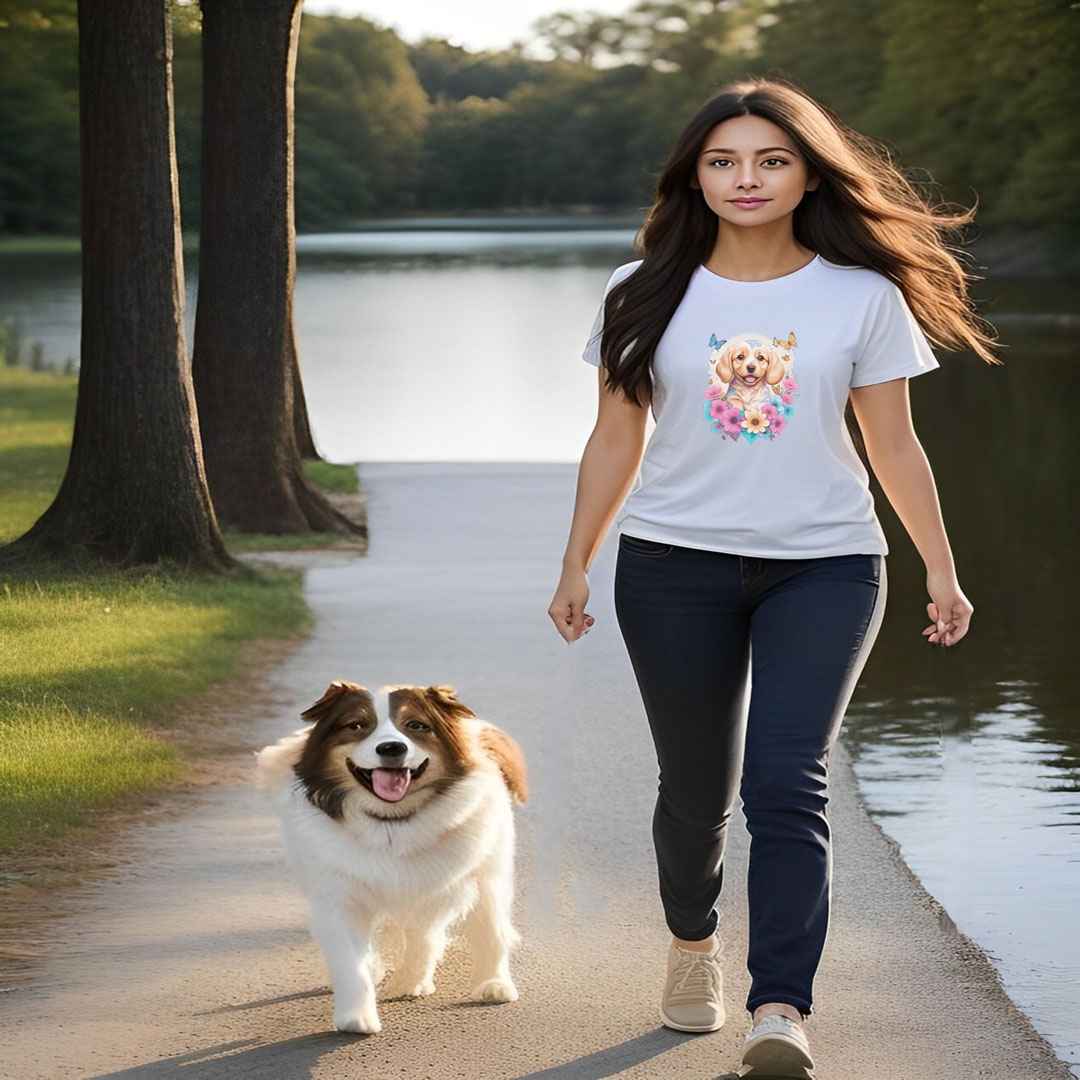 a cute golden retriever dog with flowers around its neck on a white crew neck t-shirt, a detailed drawing, furry art, made of flowers, digital illustration, detailed painting