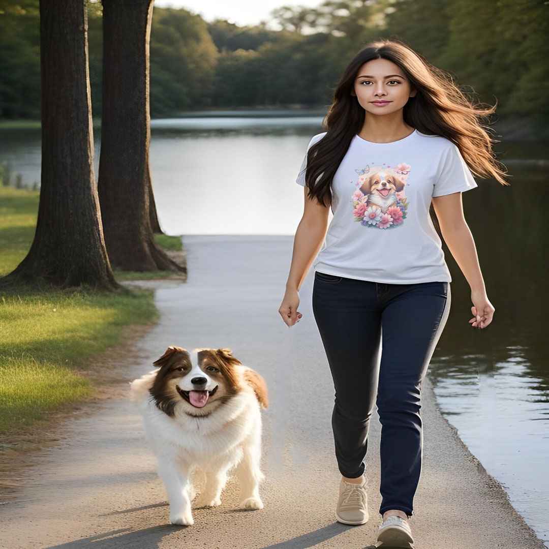 a spaniel Cavalier King Charles dog with flowers around its neck on a white crew neckcanvas t-shirt, a detailed drawing, furry art, made of flowers, digital illustration, detailed painting