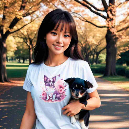 A detailed illustration a print of Lively cute puppy and dog paws,white background, fantasy heart splash, rounded circle, vintage short sleeve crew neck t-shirt design, dark read and Dark Purples and pink colors,on a white background, in the style of Studio Ghibli, cute and quirky, fantasy art, watercolor effect, hand-drawn, digital painting