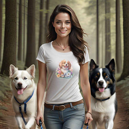 a spaniel dog with flowers around its neck on a white crew neck bella canvas t-shirt, a detailed drawing, furry art, made of flowers, digital illustration, detailed painting