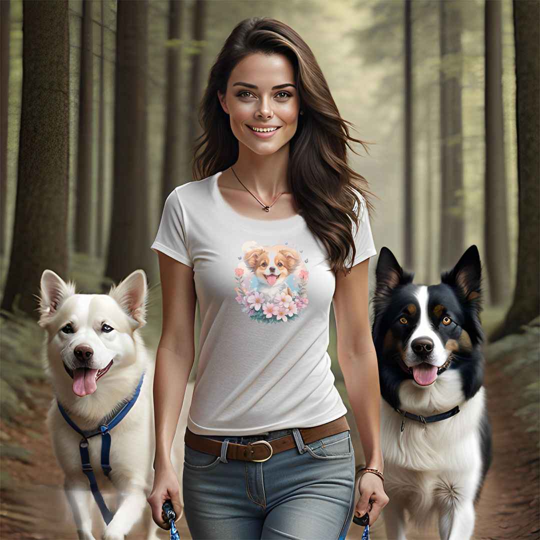 a cute puppy shepherd dog with flowers around its neck on a white crew neck t-shirt, a detailed drawing, furry art, made of flowers, digital illustration, detailed painting