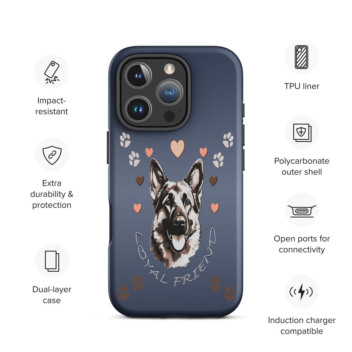 Phone case with a German Shepherd illustration and 'loyal friend' text on a blue background