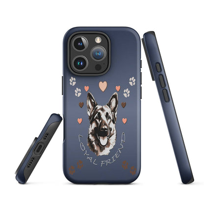 Phone case with a German Shepherd illustration and 'loyal friend' text on a blue background