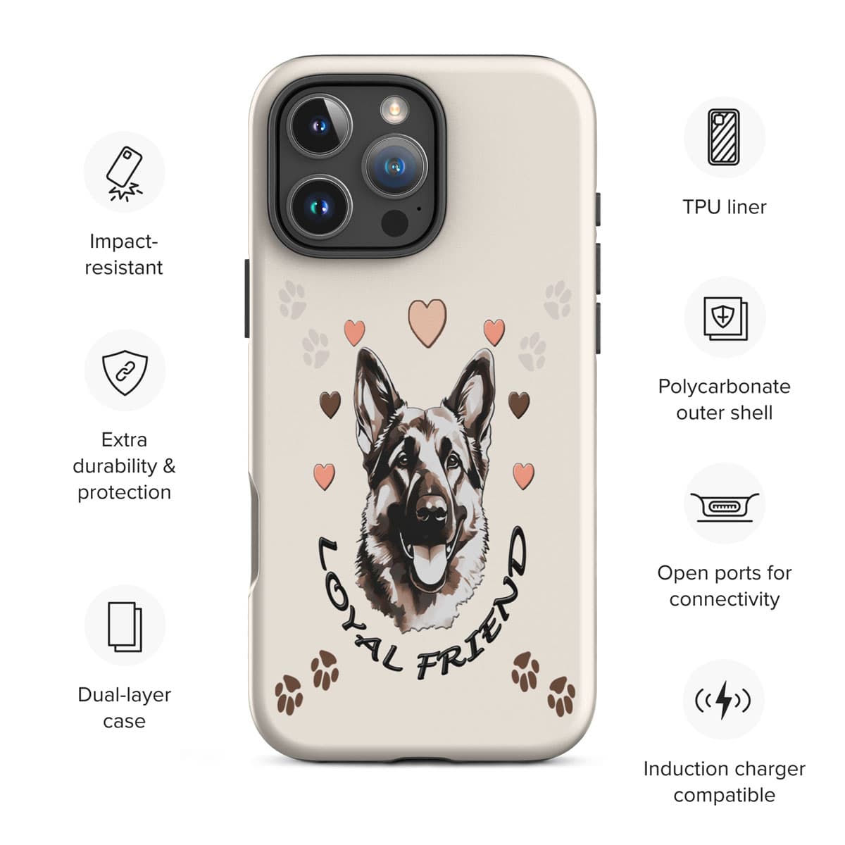 Phone case with a dog illustration and 'Loyal Friend' text, featuring various protective features on a white background.