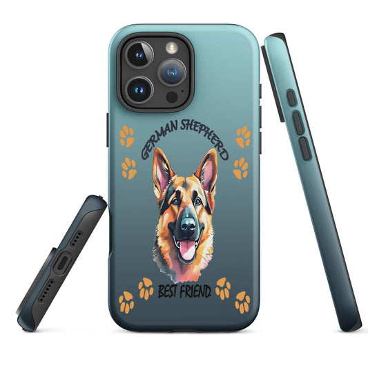Phone case with a German Shepherd illustration and 'Best Friend' text on a blue background