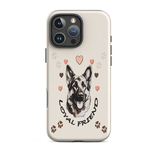 iPhone cover case with a German Shepherd illustration and 'loyal Friend' text on a beige background with hearts and paws