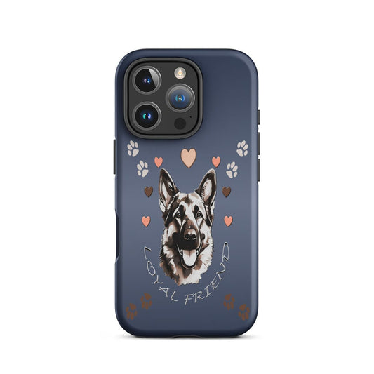 iPhone cover case with a German Shepherd illustration and 'loyal Friend' text on a blue background with hearts and paws