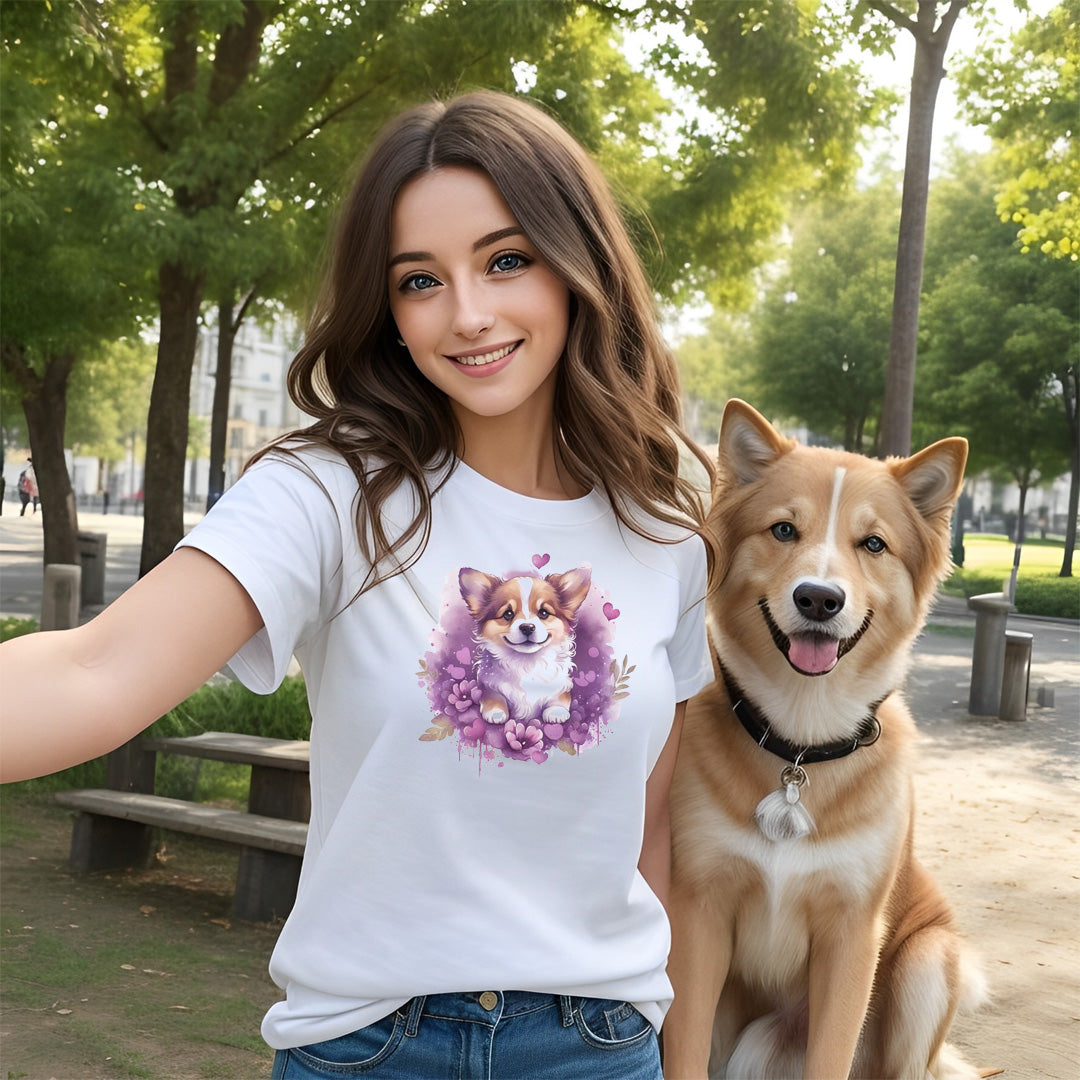 A detailed illustration a print of Lively cute puppy and dog paws,white background, fantasy heart splash, rounded circle, vintage short sleeve crew neck t-shirt design, dark read and Dark Purples and pink colors,on a white background, in the style of Studio Ghibli, cute and quirky, fantasy art, watercolor effect, hand-drawn, digital painting 