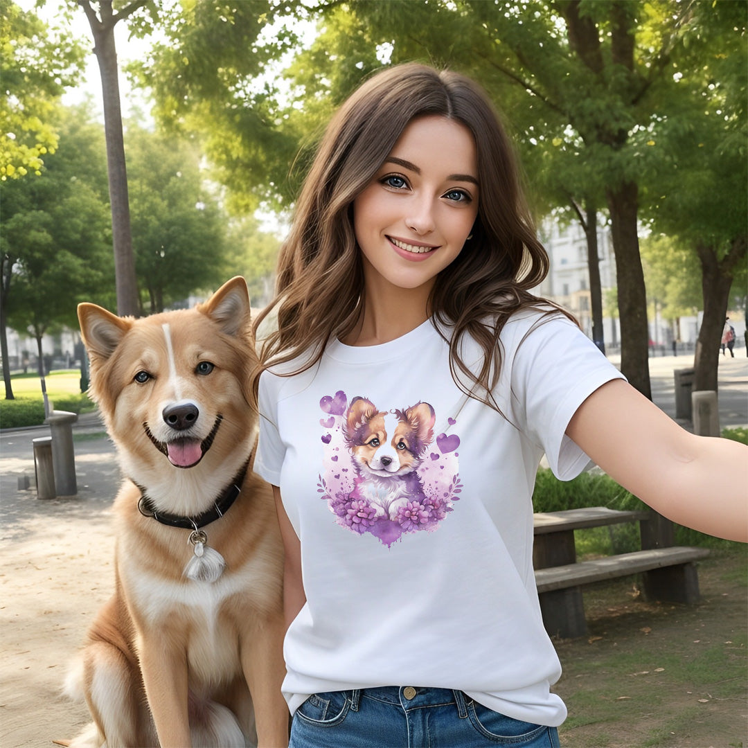 A detailed illustration a print of Lively cute puppy and dog paws,white background, fantasy heart splash, rounded circle, vintage short sleeve crew neck t-shirt design, dark read and Dark Purples and pink colors,on a white background, in the style of Studio Ghibli, cute and quirky, fantasy art, watercolor effect, hand-drawn, digital painting