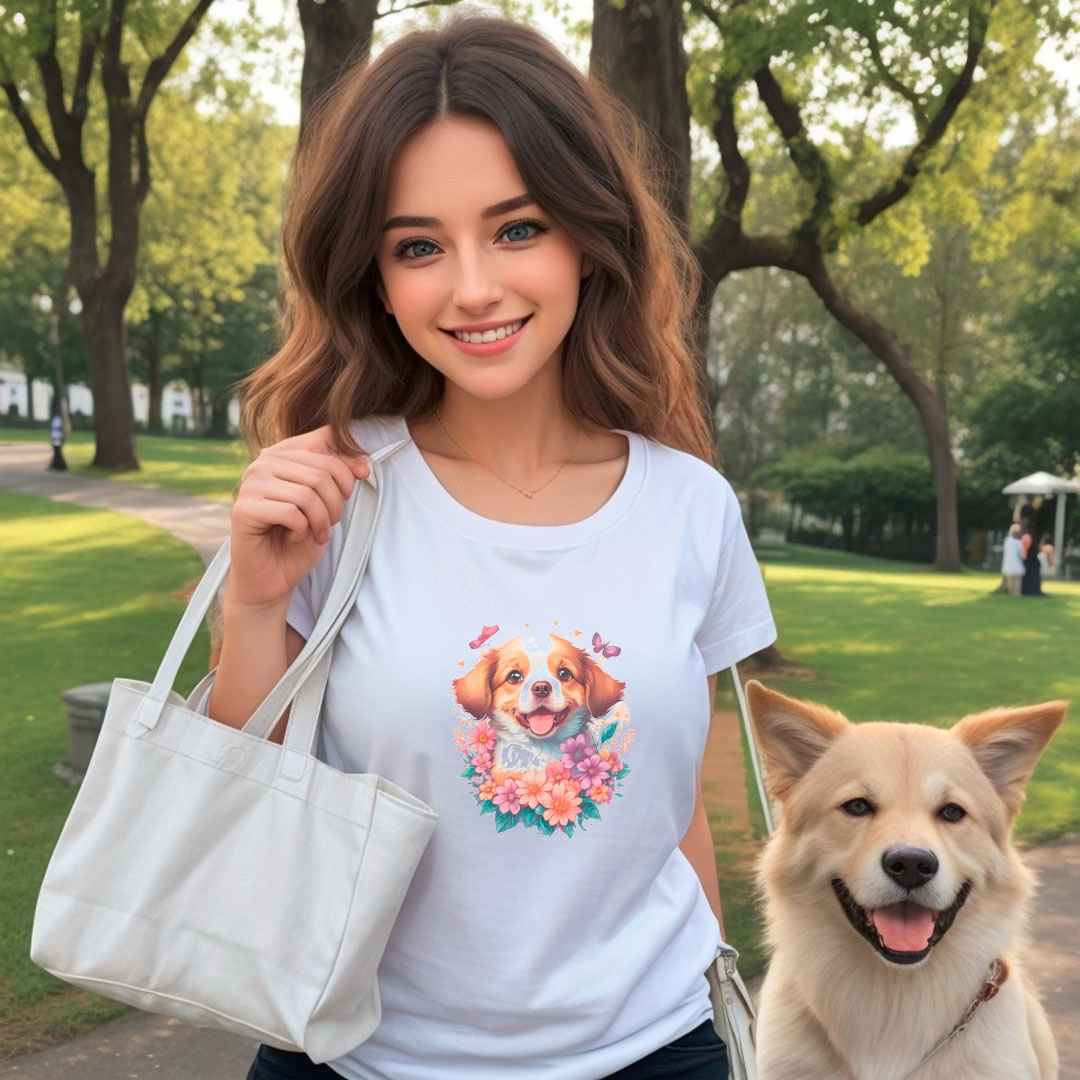 A detailed illustration, a print of Lively cute puppy dog with flowers around its neck on a white crew neck short sleeve t-shirt, a detailed drawing, furry art, made of flowers, digital illustration, detailed painting design, pastel palette color, in the style of Studio Ghibli, cute and quirky.