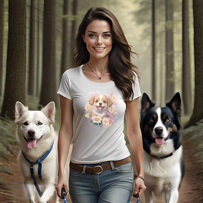 a spaniel Cavalier King Charles dog with flowers around its neck on a white crew neckcanvas t-shirt, a detailed drawing, furry art, made of flowers, digital illustration, detailed painting