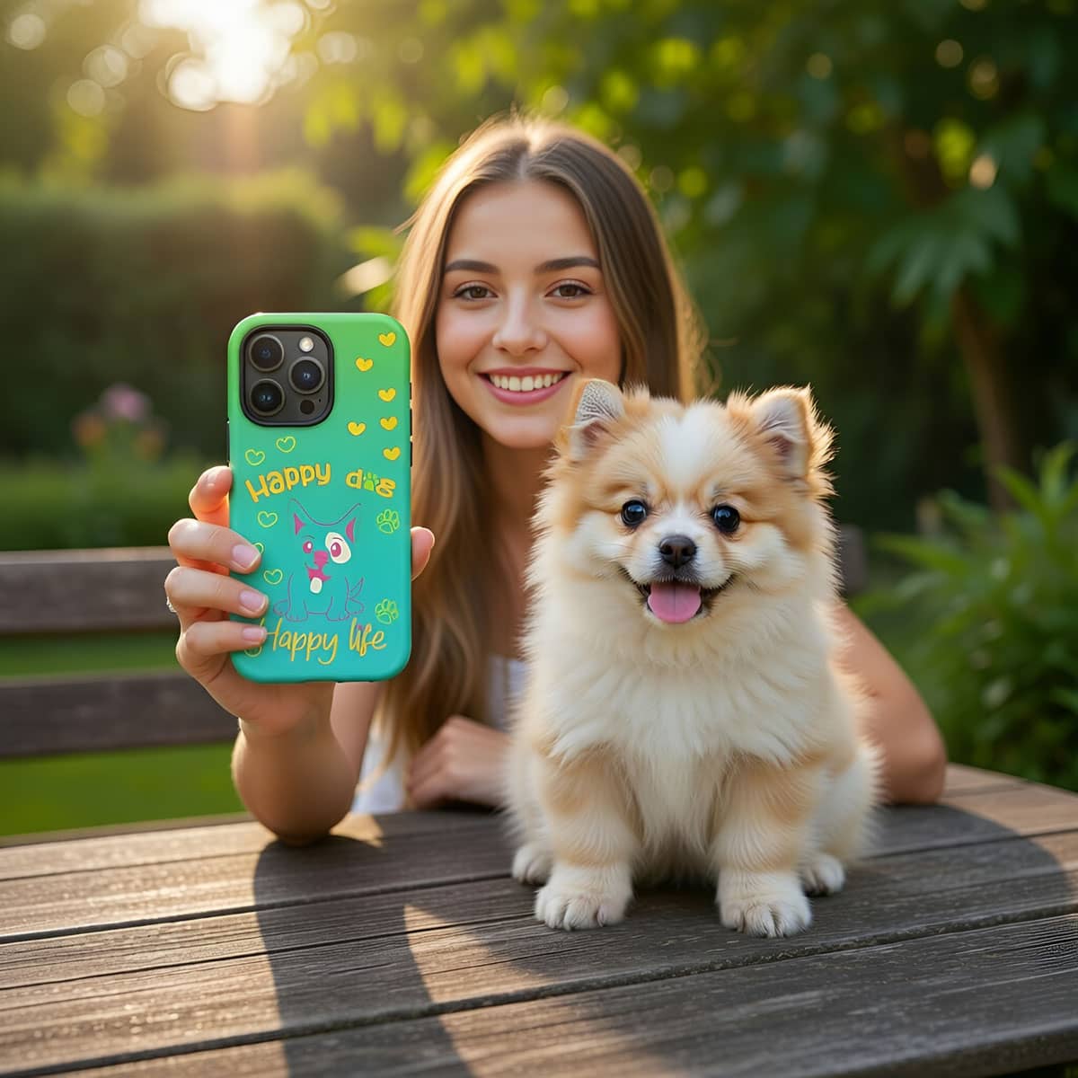 Woman holding a phone with a 'Happy Day' case next to a small dog outdoors.