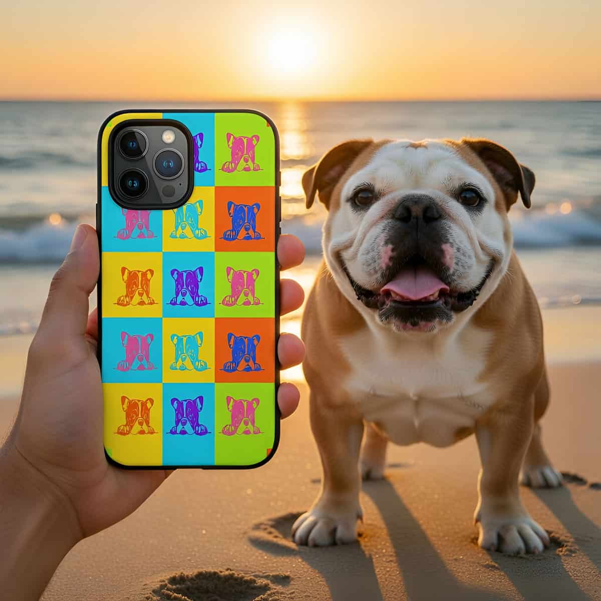 Phone case with colorful dog design held by a hand on a beach at sunset