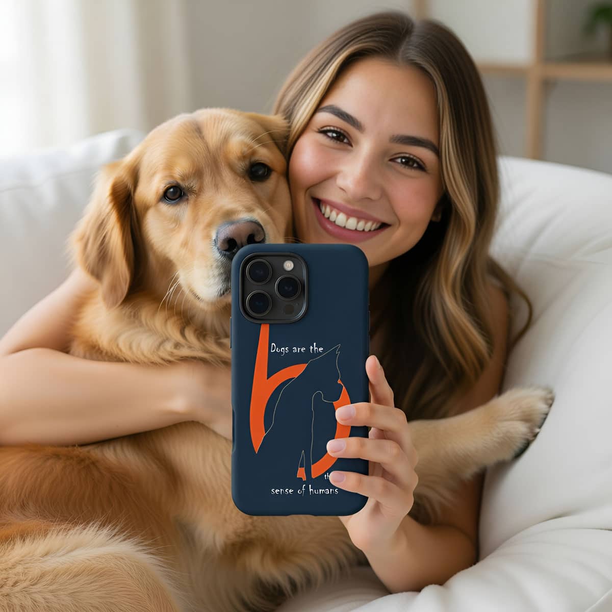 Woman holding a phone with a dog-themed case, sitting on a couch with a dog.