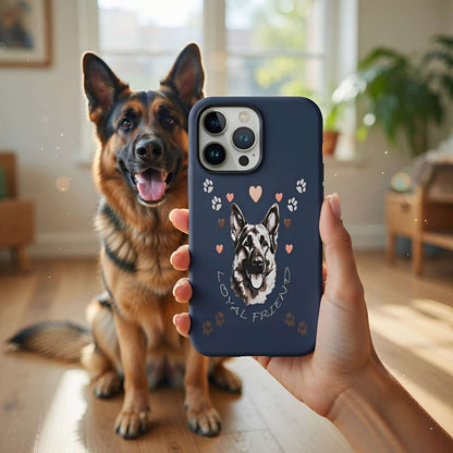 Person holding a phone case with a dog design, next to a German Shepherd in a living room.
