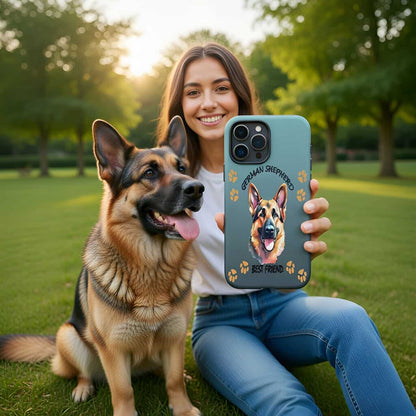 Woman holding a phone case with a German Shepherd design in a park