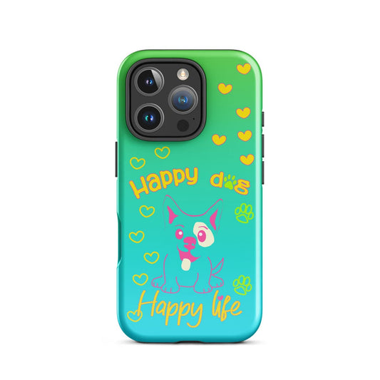 Phone case with a cartoon dog and 'Happy dog, Happy life' text on a green and blue background with yellow hearts and paws