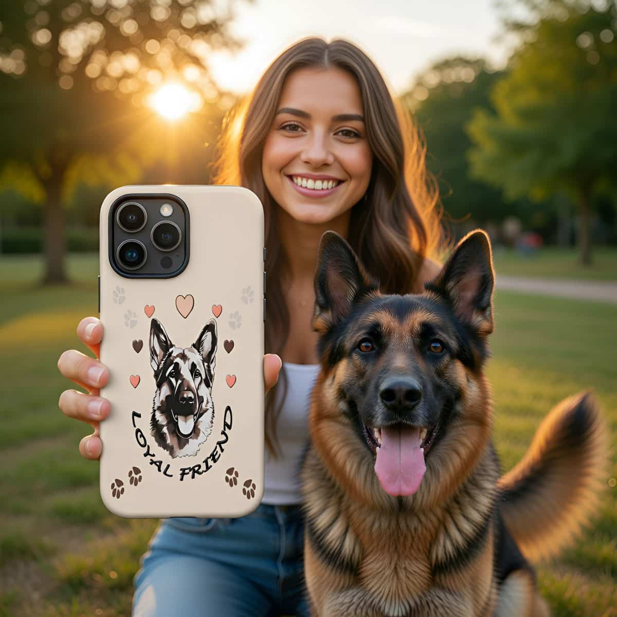 Woman holding a phone case with a dog design and 'Loyal Friend' text, standing next to a German Shepherd in a park.