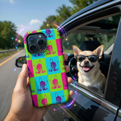 Person holding a colorful phone case with dog designs, next to a car window with a dog wearing sunglasses.