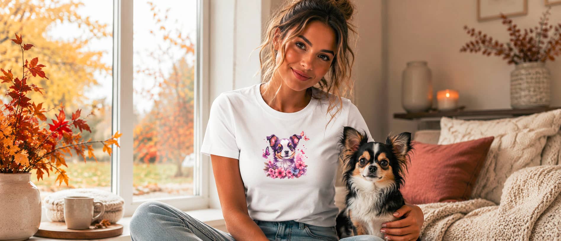 Woman wearing a blank white T-shirt sitting with a long-haired Chihuahua puppy in a cozy autumn home, featuring a warm dog lover lifestyle scene inspired by a puppy, flower and butterfly T-shirt design