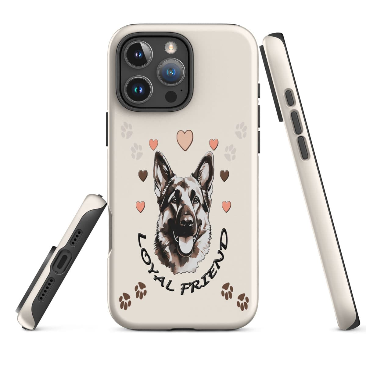 iPhone cover case with a German Shepherd illustration and 'loyal Friend' text on a beige background with hearts and paws