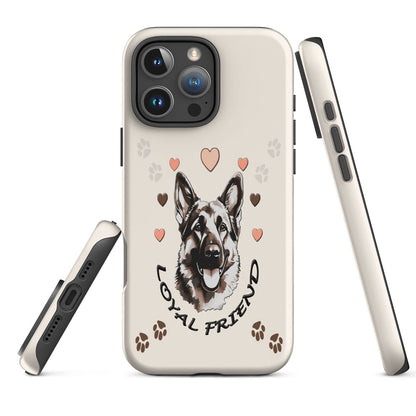 iPhone cover case with a German Shepherd illustration and 'loyal Friend' text on a beige background with hearts and paws
