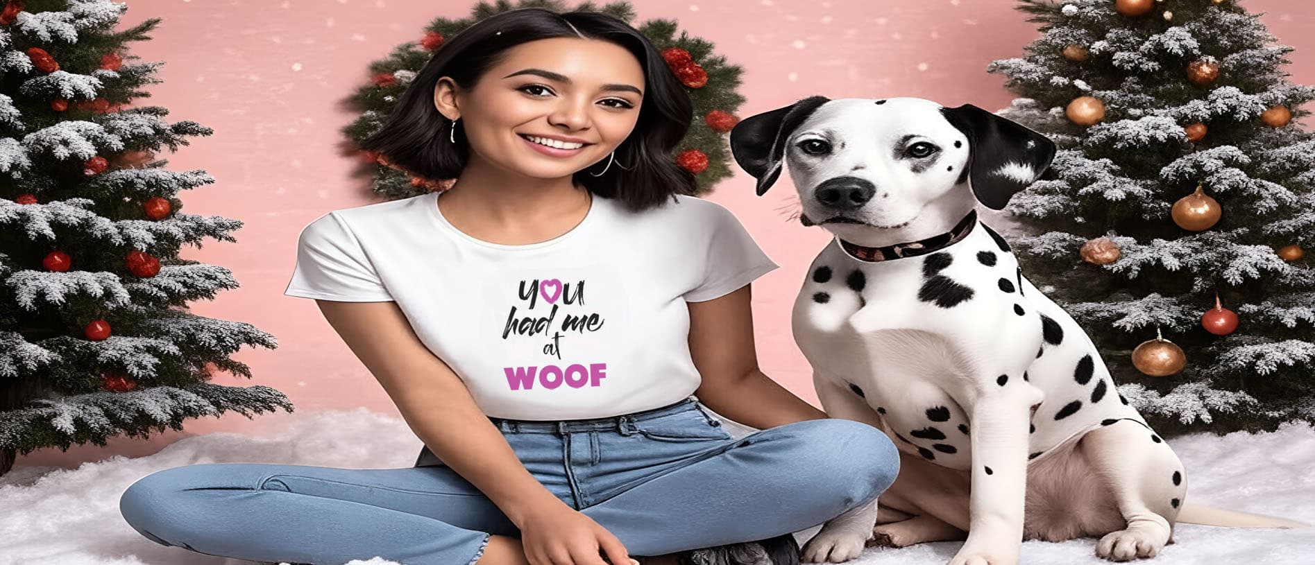 Woman sitting with a Dalmatian close to her. She is wearing a white short sleeve crew neck T-shirt.  Featuring a bold ‘you had me at woof’ text with a purple graphic, pink heart. Soft cotton, cozy fit, stylish apparel for dog moms, pet lovers, and everyday casual wear. Studio settings with festive decorations, Christmas trees and snow, on the floor