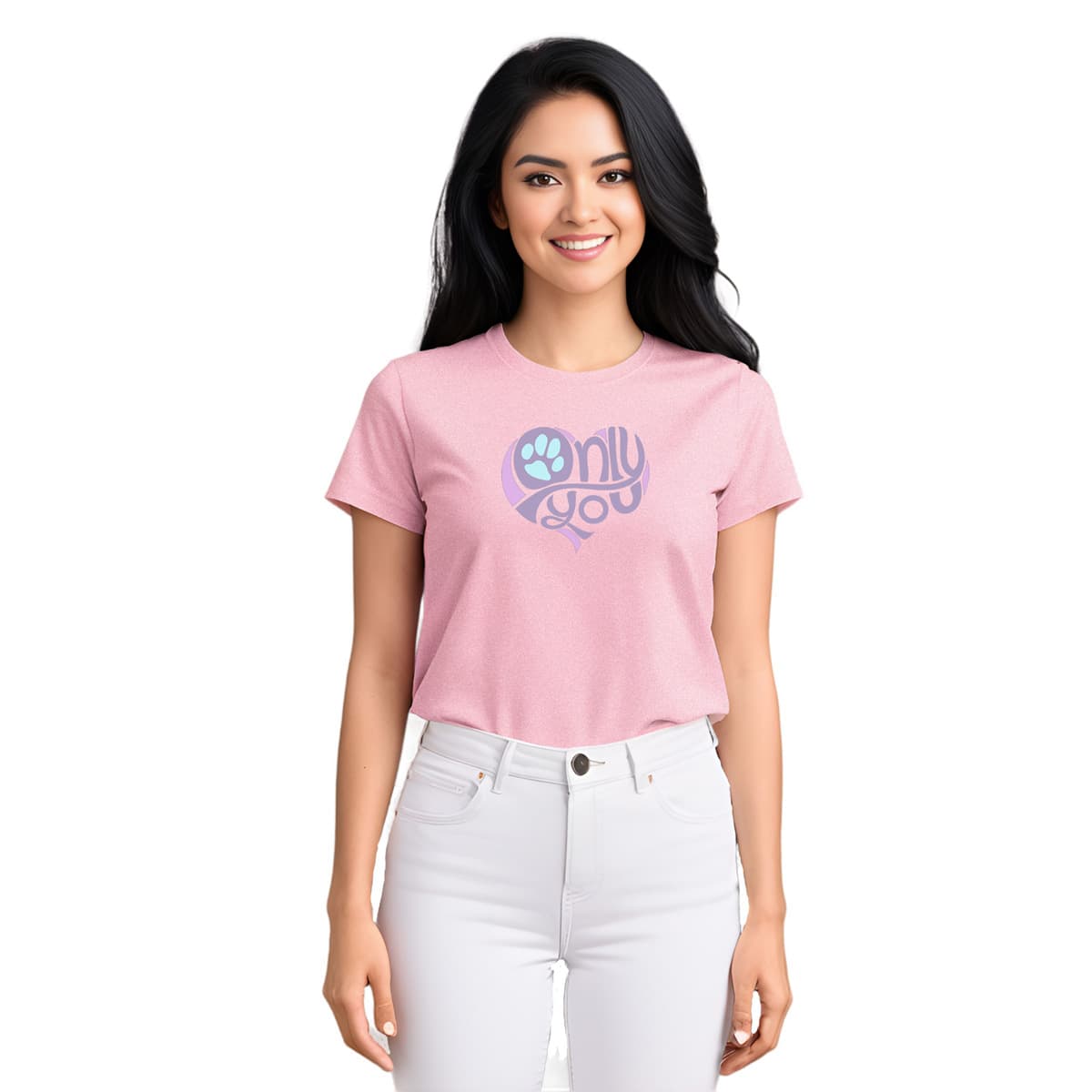 Closeup of a Female model wearing a unisex short sleeve crew neck t-shirt in white or pink, featuring a bold ‘Only You’ text with a purple graphic, pink heart, and turquoise paw print. Soft cotton, cozy fit, stylish apparel for dog moms, pet lovers, and everyday casual wear.
