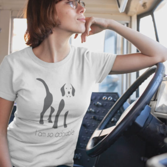 video of truck drivr women waering a crew neck white t-shirt with a Beagle dog black and white print