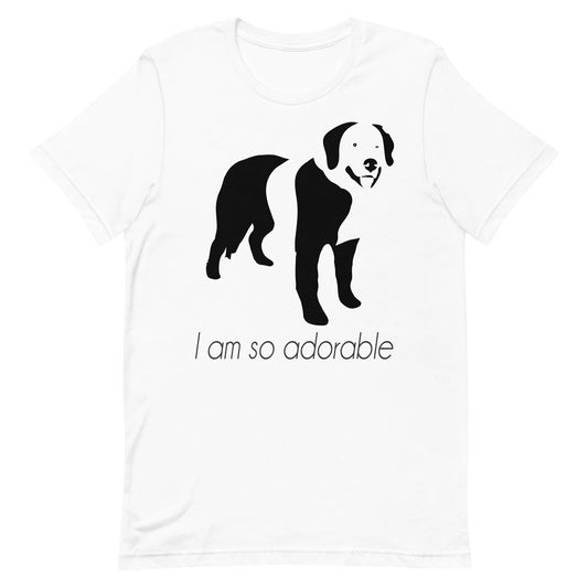 White crew neck short sleeved t-shirt, featuring a hand-drawn black and white one-line graphic print silhouette of an adorable Bernese Mountain with its tongue out. The text "I am so adorable" underneath the dog .