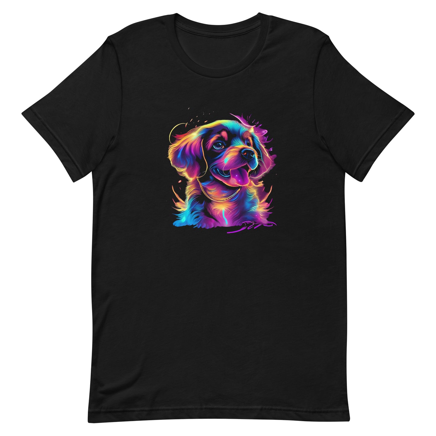 neon colors, cartoon style illustration of a cute adorable Golden ´s dog face how the dog sees the world while experiencing dog life, on a black crew neck short sleeve t-shirt, a detailed drawing, furry art digital illustration, detailed painting design, vibrate  color palette, in the style of Studio Ghibli, cute and quirky.