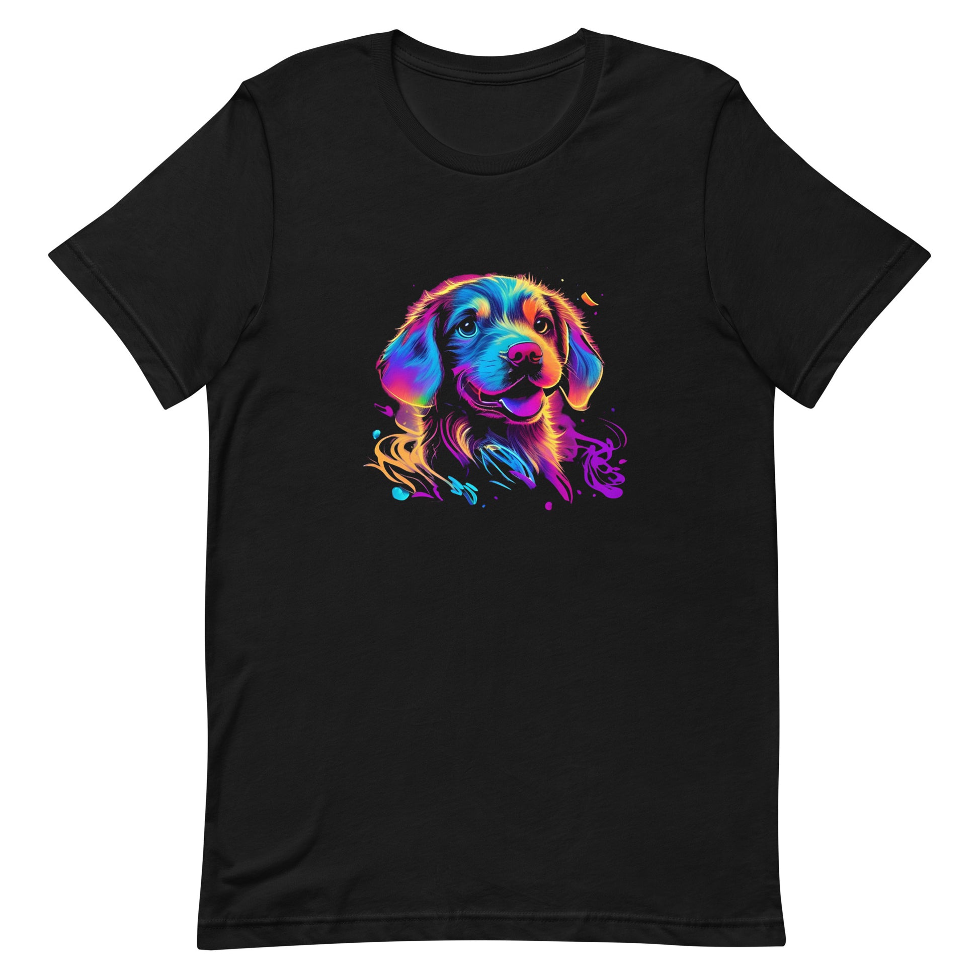 neon colors, cartoon style illustration of a cute adorable Golden´s dog face how the dog sees the world while experiencing dog life, on a black crew neck short sleeve t-shirt, a detailed drawing, furry art digital illustration, detailed painting design, vibrate  color palette, in the style of Studio Ghibli, cute and quirky.