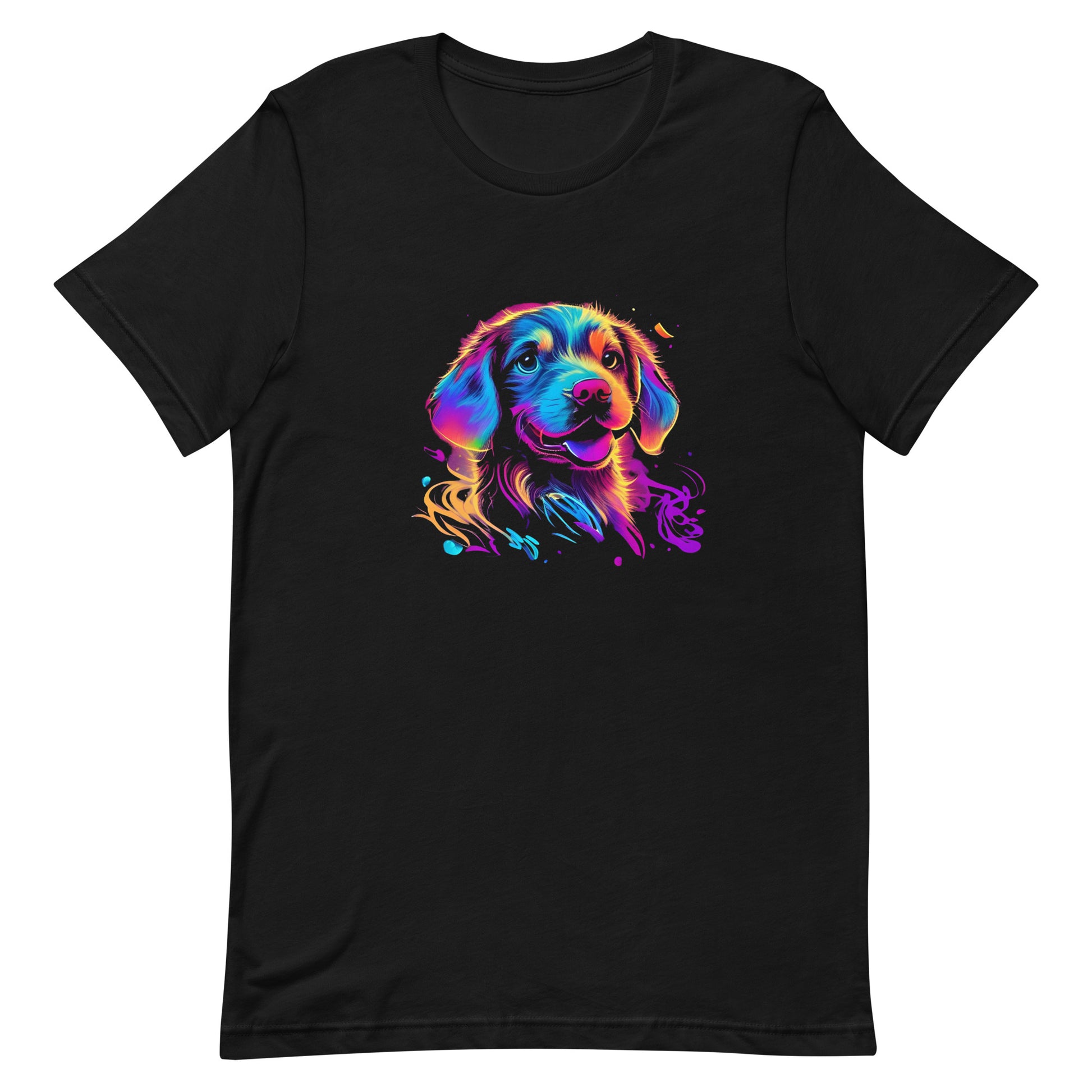 neon colors, cartoon style illustration of a cute adorable Golden dog face how the dog sees the world while experiencing dog life, on a black crew neck short sleeve t-shirt, a detailed drawing, furry art digital illustration, detailed painting design, vibrate  color palette, in the style of Studio Ghibli, cute and quirky