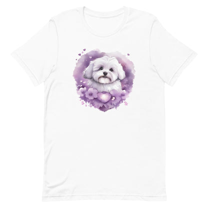 White cotton crew neck unisex short sleeve tshirt, on the apparel is a detailed kawaii illustration print of a lively cute adorable coton de tulear surrounded by floral arrangement in a wicker basket. The design brings a touch of color, warmth, and charm in pastel color palette to the shirt print.