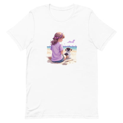 A detailed kawaii illustration a print of Lively cute puppy girl Beach Human back sit Back view ,white background, fantasy, vintage short sleeve crew neck t-shirt design, dark read and Dark Purples and pink colors, on a white background, in kawaii style, cute and quirky, fantasy art, watercolor effect, hand-drawn, digital painting 