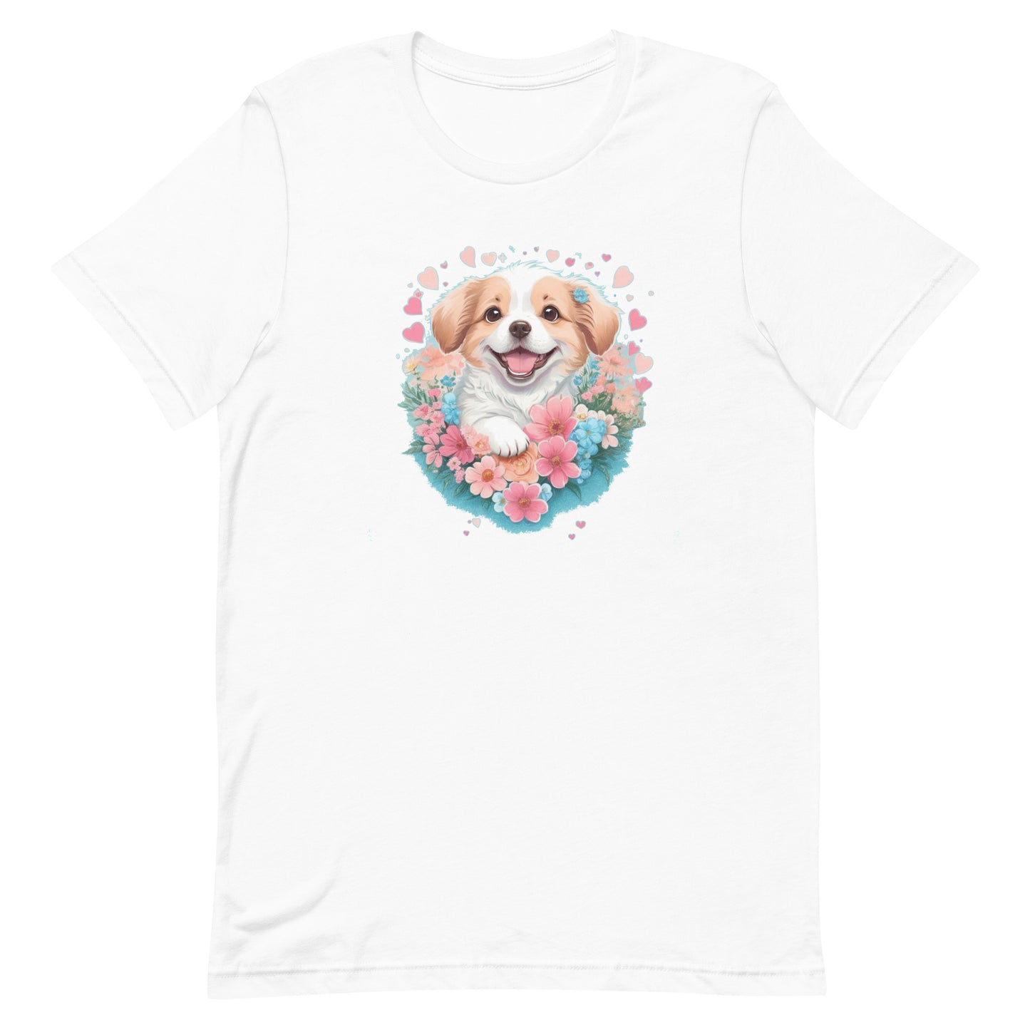 A detailed illustration, a print of Lively cute puppy dog with flowers around its neck on a white crew neck short sleeve t-shirt, a detailed drawing, furry art, made of flowers, digital illustration, detailed painting design, pastel palette color, in the style of Studio Ghibli, cute and quirky.