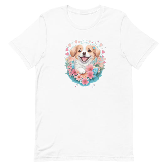 A detailed illustration, a print of Lively cute puppy dog with flowers around its neck on a white crew neck short sleeve t-shirt, a detailed drawing, furry art, made of flowers, digital illustration, detailed painting design, pastel palette color, in the style of Studio Ghibli, cute and quirky.