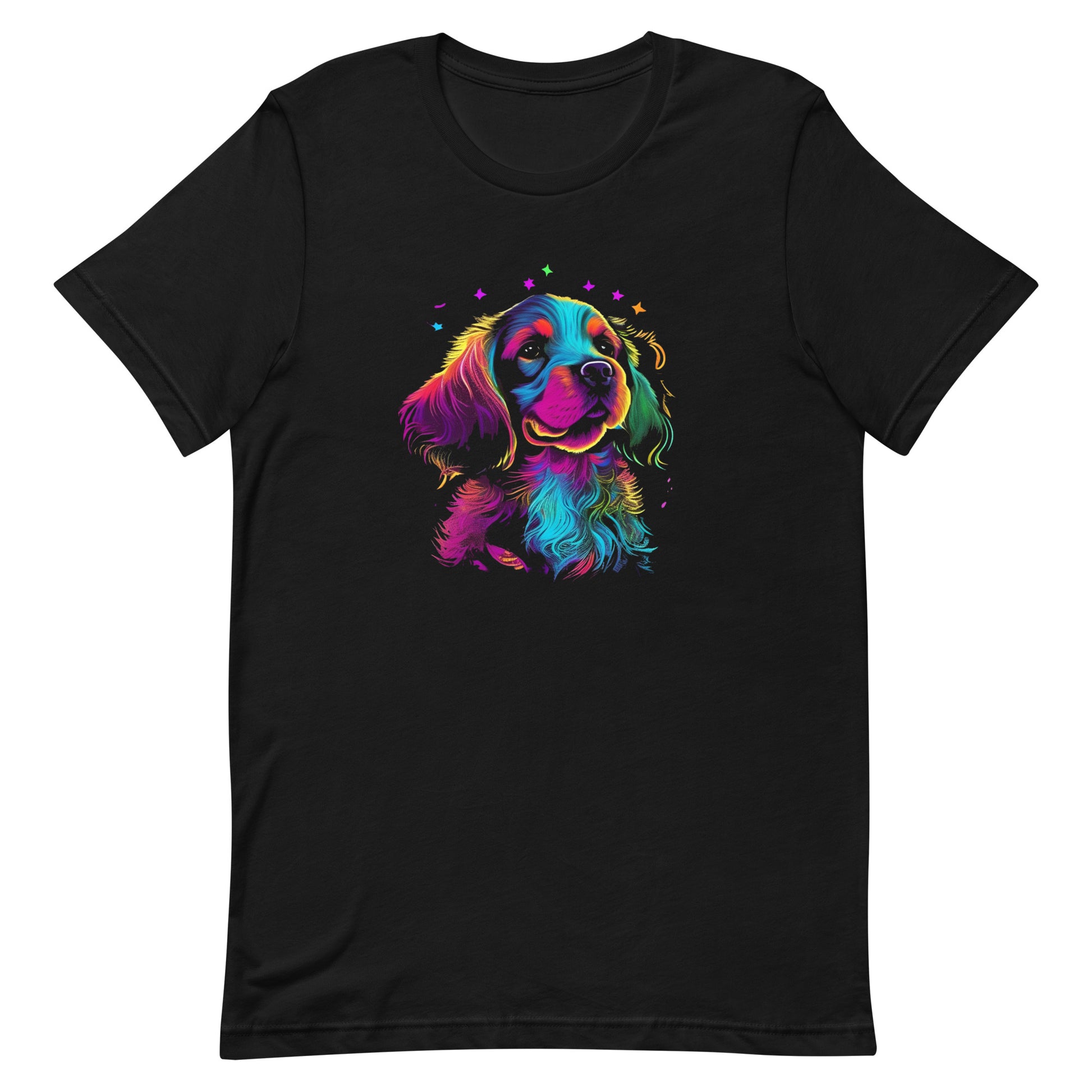 neon colors, cartoon style illustration of a cute adorable Spaniel´s dog face how the dog sees the world while experiencing dog life, on a black crew neck short sleeve t-shirt, a detailed drawing, furry art digital illustration, detailed painting design, vibrate  color palette, in the style of Studio Ghibli, cute and quirky.