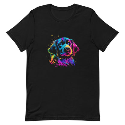 neon colors, cartoon style illustration of a cute adorable Golden Retriever dog face how the dog sees the world while experiencing dog life, on a black crew neck short sleeve t-shirt, a detailed drawing, furry art digital illustration, detailed painting design, vibrate  color palette, in the style of Studio Ghibli, cute and quirky.