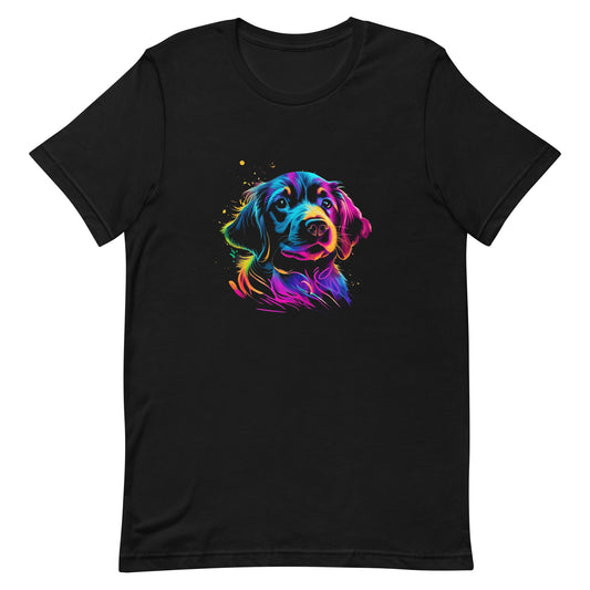 neon colors, cartoon style illustration of a cute adorable Golden Retreiver´s dog face how the dog sees the world while experiencing dog life, on a black crew neck short sleeve t-shirt, a detailed drawing, furry art digital illustration, detailed painting design, vibrate  color palette, in the style of Studio Ghibli, cute and quirky.