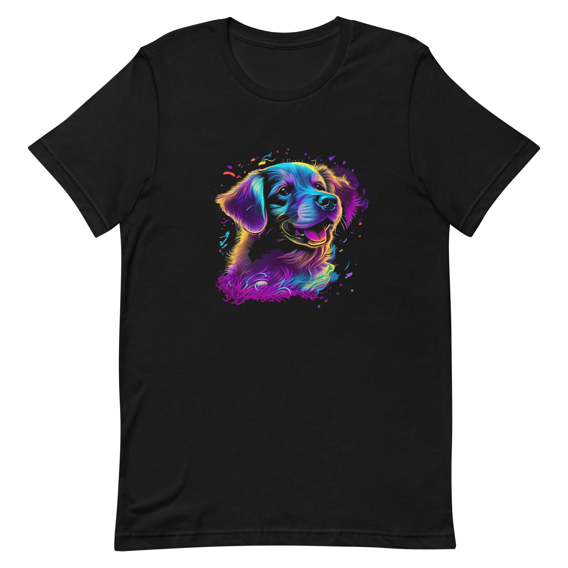 neon colors, cartoon style illustration of a cute adorable Labrador dog face how the dog sees the world while experiencing dog life, on a black crew neck short sleeve t-shirt, a detailed drawing, furry art digital illustration, detailed painting design, vibrate  color palette, in the style of Studio Ghibli, cute and quirky.