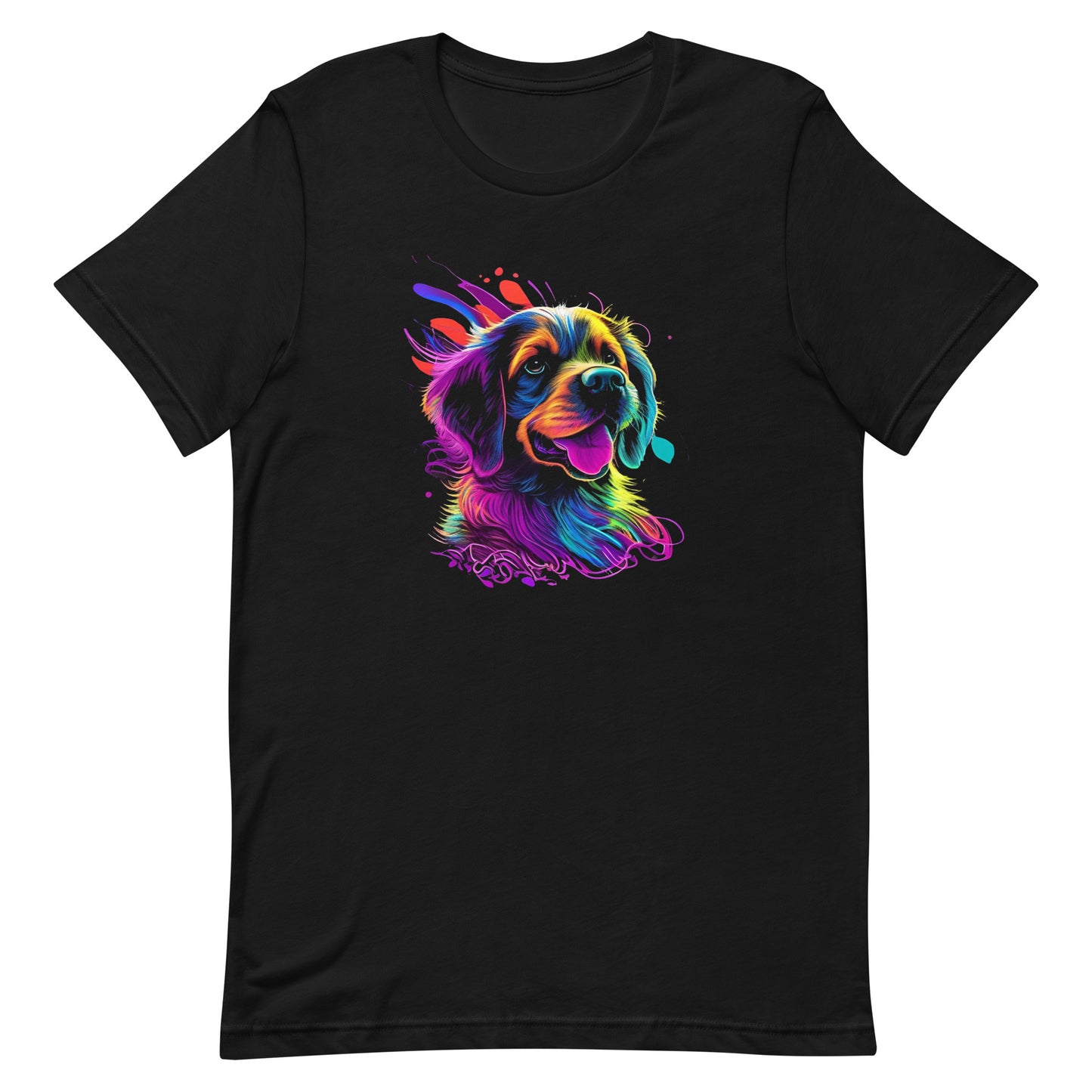 neon colors, cartoon style illustration of a cute adorable Golden´s dog face how the dog sees the world while experiencing dog life, on a black crew neck short sleeve t-shirt, a detailed drawing, furry art digital illustration, detailed painting design, vibrate  color palette, in the style of Studio Ghibli, cute and quirky.