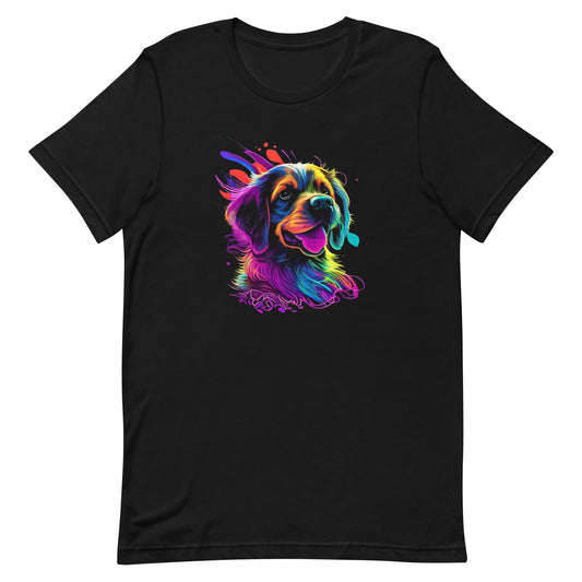 neon colors, cartoon style illustration of a cute adorable Golden´s dog face how the dog sees the world while experiencing dog life, on a black crew neck short sleeve t-shirt, a detailed drawing, furry art digital illustration, detailed painting design, vibrate  color palette, in the style of Studio Ghibli, cute and quirky.