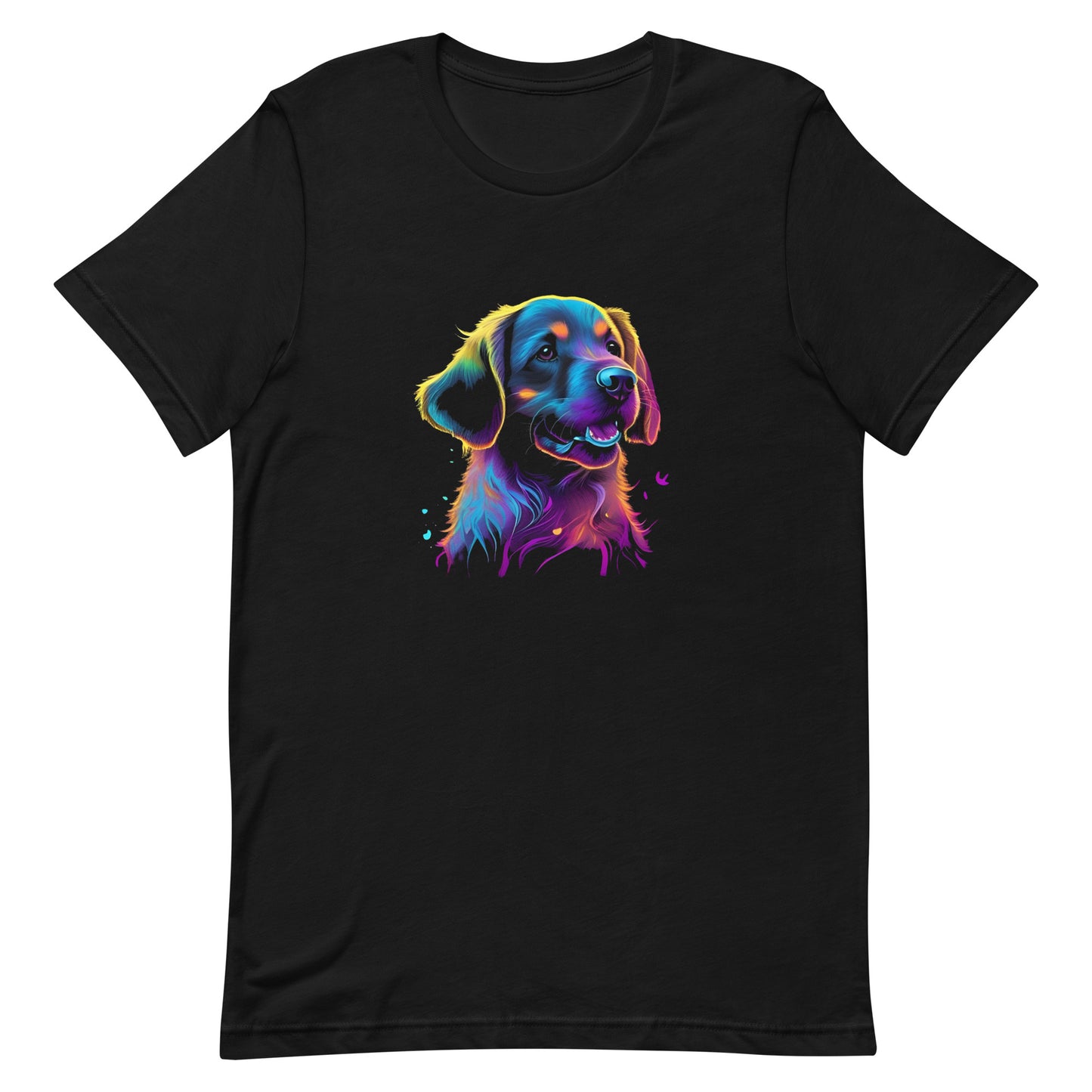 neon colors, cartoon style illustration of a cute adorable Golden dog face how the dog sees the world while experiencing dog life, on a black crew neck short sleeve t-shirt, a detailed drawing, furry art digital illustration, detailed painting design, vibrate  color palette, in the style of Studio Ghibli, cute and quirky.