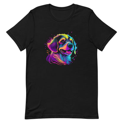 neon colors, cartoon style illustration of a cute adorable Golden dog face how the dog sees the world while experiencing dog life, on a black crew neck short sleeve t-shirt, a detailed drawing, furry art digital illustration, detailed painting design, vibrate  color palette, in the style of Studio Ghibli, cute and quirky