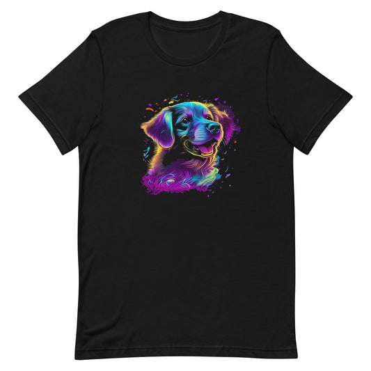 neon colors, cartoon style illustration of a cute adorable Golden´s dog face how the dog sees the world while experiencing dog life, on a black crew neck short sleeve t-shirt, a detailed drawing, furry art digital illustration, detailed painting design, vibrate  color palette, in the style of Studio Ghibli, cute and quirky.