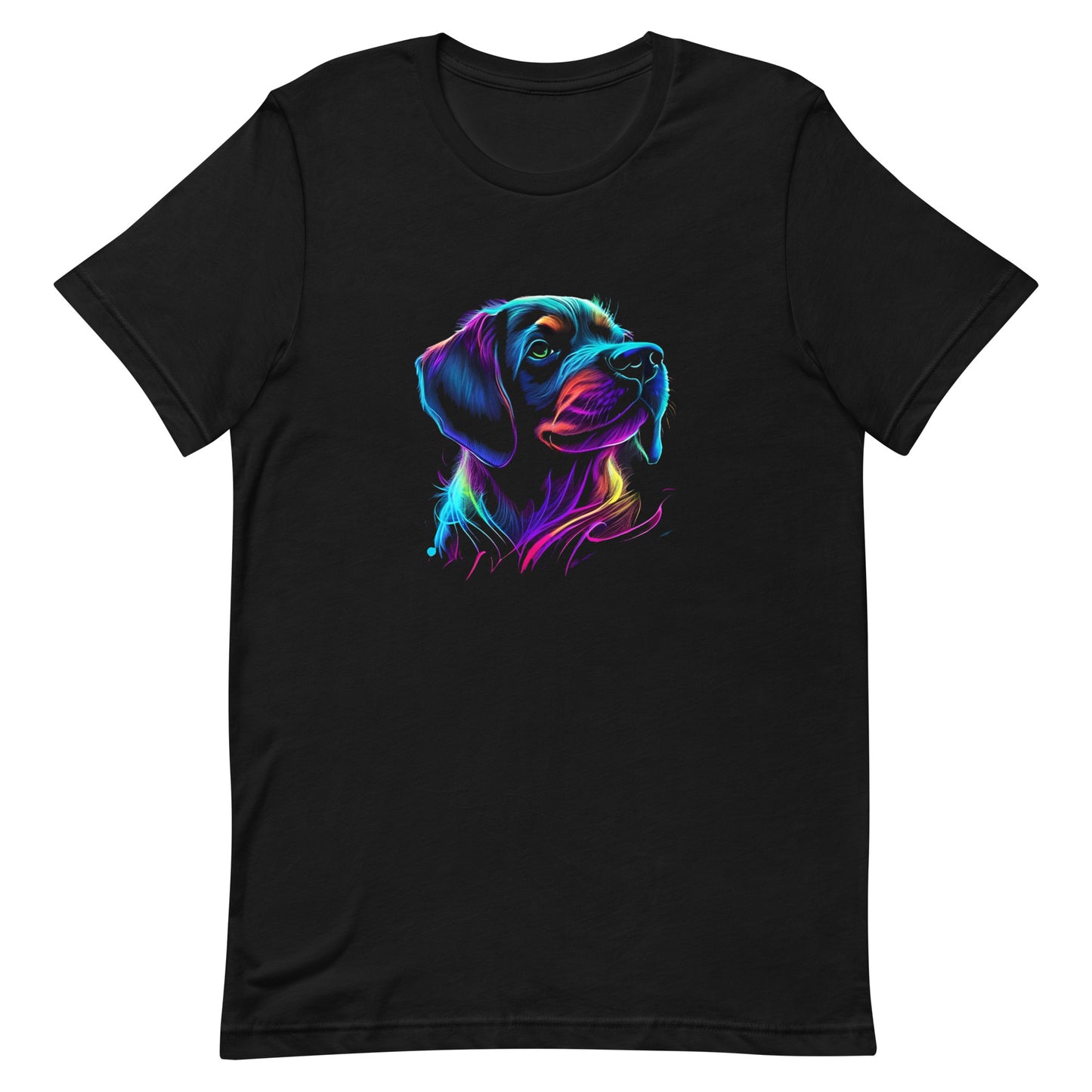 neon colors, cartoon style illustration of a cute adorable Labrador´s dog face how the dog sees the world while experiencing dog life, on a black crew neck short sleeve t-shirt, a detailed drawing, furry art digital illustration, detailed painting design, vibrate  color palette, in the style of Studio Ghibli, cute and quirky.