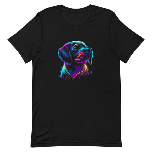 neon colors, cartoon style illustration of a cute adorable Labrador´s dog face how the dog sees the world while experiencing dog life, on a black crew neck short sleeve t-shirt, a detailed drawing, furry art digital illustration, detailed painting design, vibrate  color palette, in the style of Studio Ghibli, cute and quirky.