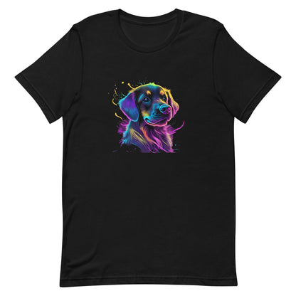 neon colors, cartoon style illustration of a cute adorable Labrador´s dog face how the dog sees the world while experiencing dog life, on a black crew neck short sleeve t-shirt, a detailed drawing, furry art digital illustration, detailed painting design, vibrate  color palette, in the style of Studio Ghibli, cute and quirky.